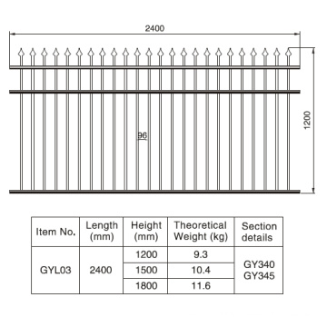 1,2 / 1,5 / 1,8 m. HX 2.4 M. W Section de clôture en aluminium sans rouille